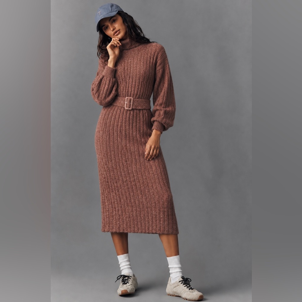 NWT! By Anthropologie Long-Sleeve Turtleneck Belted Sweater Midi Dress -Size XL